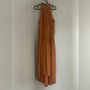 RAMY BROOK Belle Halter Neck Smocked Midi Dress S Light Cognac Brown Satin $445
